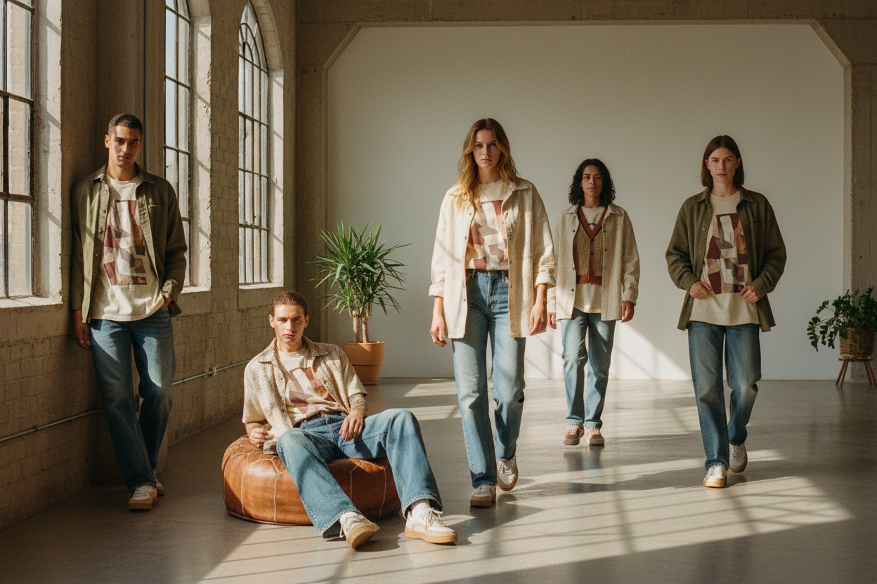 A Gen-Z inspired retro-modern fashion editorial for a unisex clothing brand. Multiple diverse models of different genders wear gender-neutral silhouettes — oversized graphic tees, relaxed denim, boxy jackets, vintage-inspired layers. Color palette pulls from soft retro tones: faded brown, washed denim blue, cream, muted red, olive, sun-bleached neutrals. Styling feels effortless and nostalgic, inspired by late-90s and early-2000s street culture without logos or obvious branding.

The setting is minimal but 